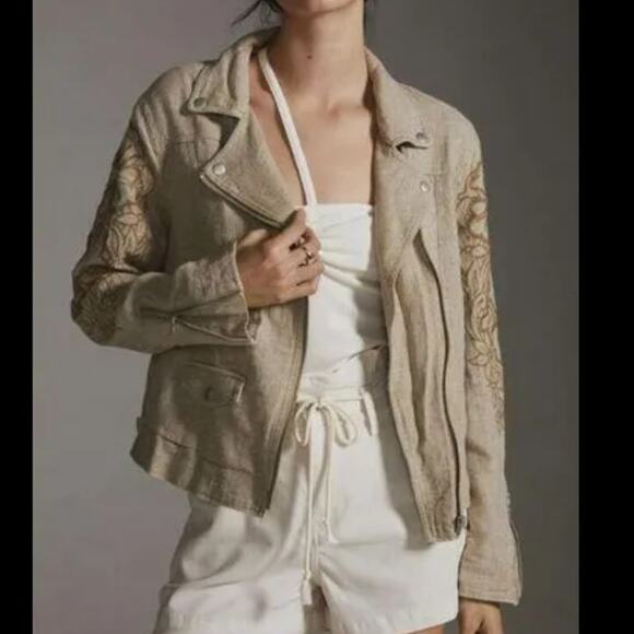 EUC Anthropologie linen embroidered zip Moto Jacket clean classic spring coastal - Picture 1 of 14
